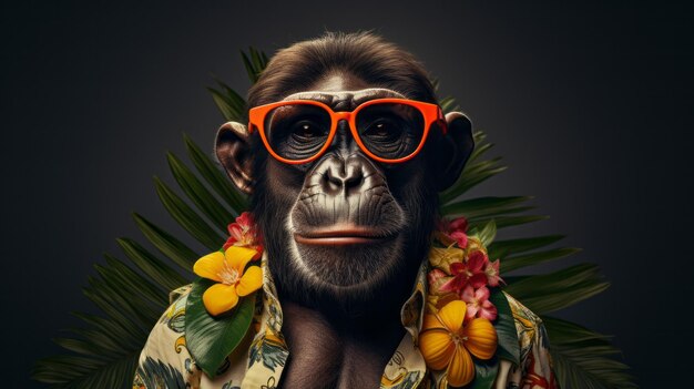 Ein Affe in einem hawaiianischen Hemd und Sonnenbrille.