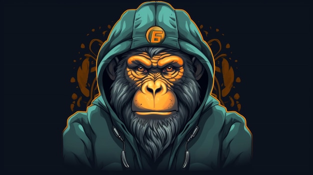 Ein Affe in einem Hoodie und einem Hoodie mit einem Logo darauf