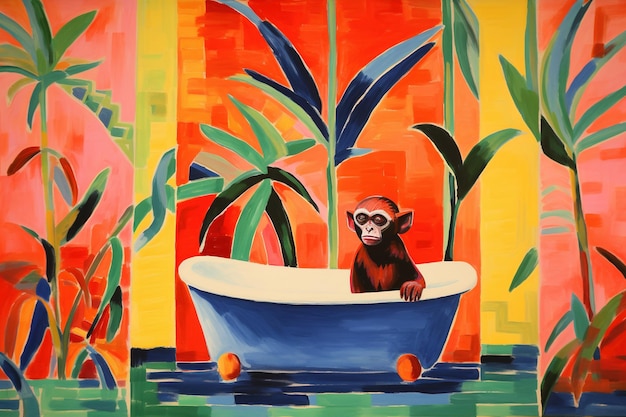 ein Affe in einer Badewanne mit einem Palmbaum im Hintergrund