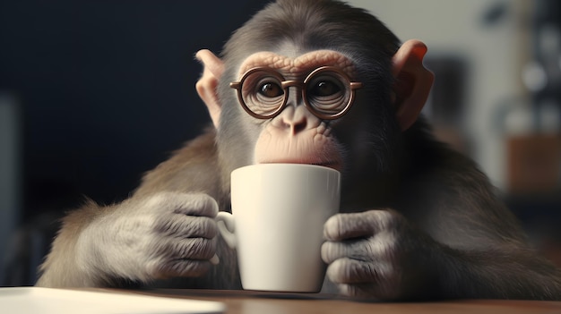 Ein Affe mit Brille und einer Tasse Kaffee