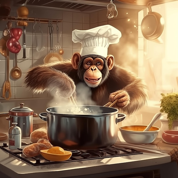 Ein Affe mit einem Chef39s-Hut kocht in der Küche.