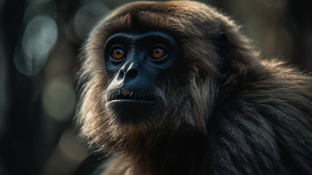 Ein Affe mit schwarzem Gesicht und gelben Augen