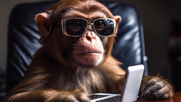 Ein Affe mit Sonnenbrille sitzt in einem Ledersessel und hat einen Laptop vor sich.