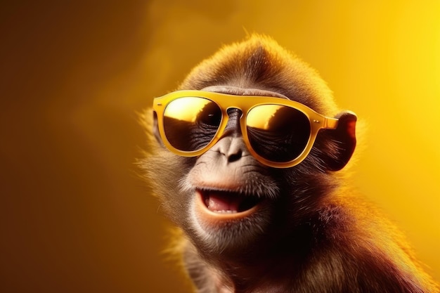 Ein Affe mit Sonnenbrille und gelbem Hintergrund