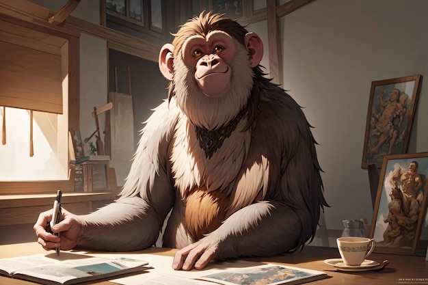 Ein Affe sitzt an einem Schreibtisch vor einem Gemälde, das einen Mann mit einem Buch zeigt.