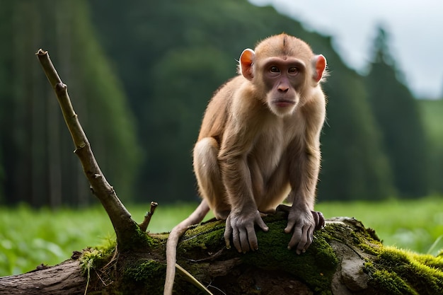 Ein Affe sitzt auf einem Baumstamm in einem Wald.