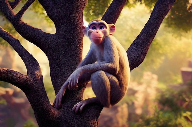 Ein Affe sitzt auf einem Baumstamm mit grünem Laub im Dschungel an einem klaren Sommertag 3D-Illustration
