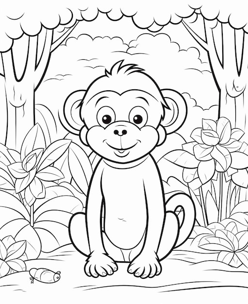 Ein Affe sitzt im Dschungel mit Blumen und Bäumen.