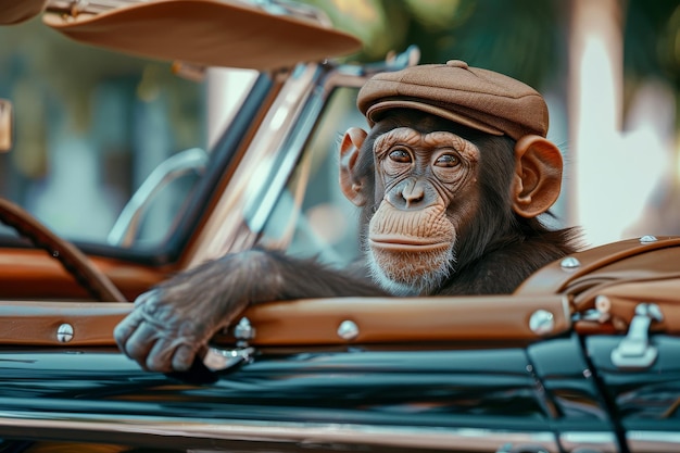 Ein Affe sitzt mit einem Hut auf dem Kopf in einem Auto