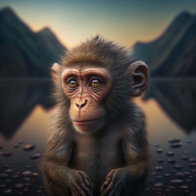 Ein Affe sitzt vor einem Berg mit der Aufschrift „Affe“.