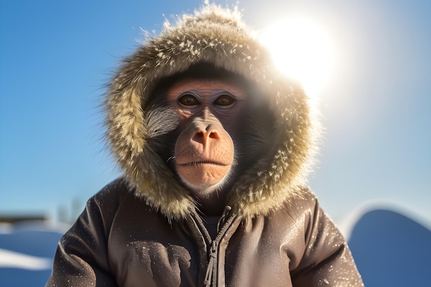 Foto ein affe trägt eine jacke mit einer kapuze, auf der „affe“ steht