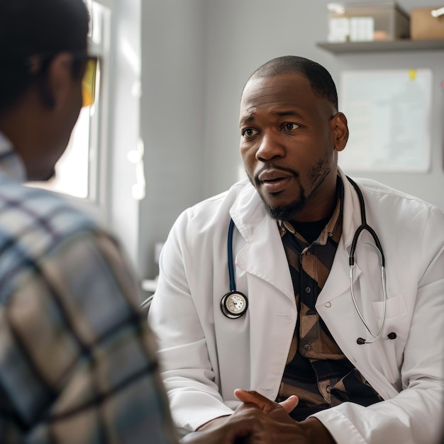 Ein afrikanisch-amerikanischer Arzt spricht mit einem Patienten in seinem Büro, der einen weißen Mantel und ein Stethoskop trägt