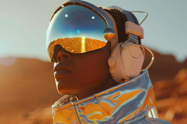 Ein afrikanisch-amerikanischer Astronaut mit Raumhelm und Kopfhörern hört auf dem Mars Musik