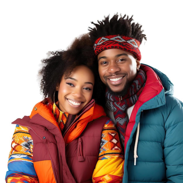 Ein afrikanisch-amerikanisches Paar in farbiger Winterkleidung, isoliert auf einem weißen oder transparenten Hintergrund