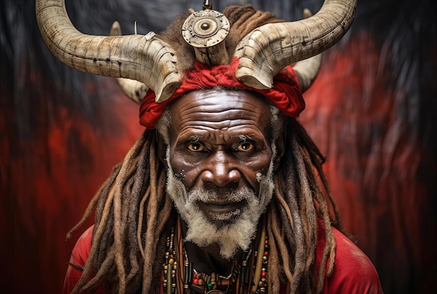 Foto ein afrikanischer alter mann mit hörnern im haar im stil von mystischen mechanismen