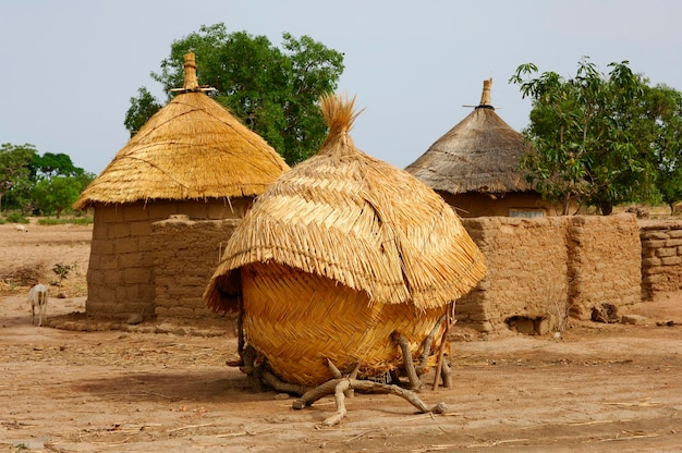 Ein afrikanischer Bauernhof mit Getreidelager in Burkina Faso