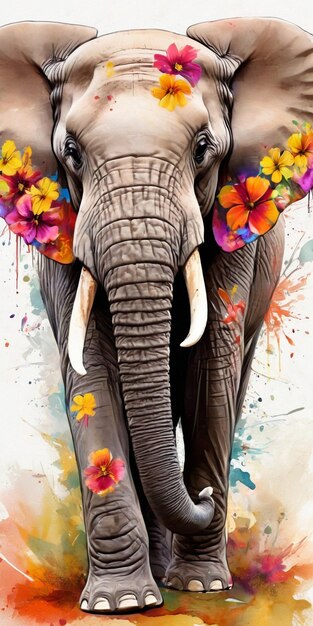 Ein afrikanischer Elefantenkopf mit Blumen auf farbenfrohem Aquarell-Hintergrund, digitale Illustration