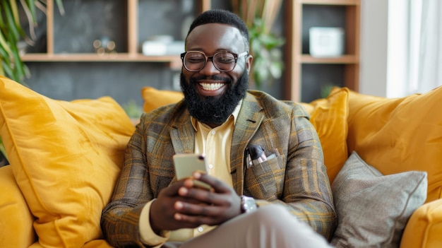 Ein afrikanischer Geschäftsmann mit Bart benutzt zu Hause ein Handy, sitzt auf einem Sofa und ist von einem verschwommenen Hintergrund umgeben.