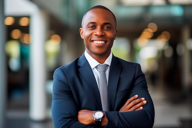 Foto ein afrikanischer geschäftsmann steht stolz in einem büro