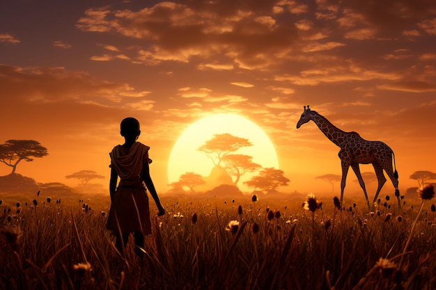 Ein afrikanischer Junge betrachtet eine Giraffe auf einem von der afrikanischen Kultur erzeugten Feld