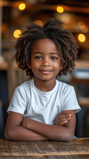 Ein afrikanischer Junge in weißem T-Shirt und Jeans sitzt an einem Tisch in einem modernen Café