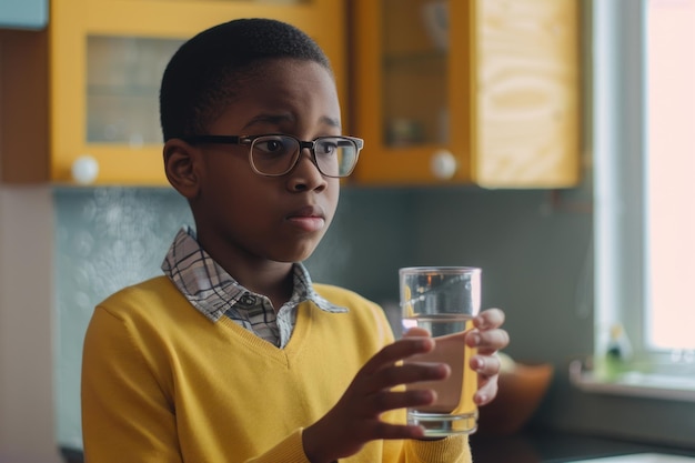 Ein afrikanischer Junge mit einem Glas Wasser zu Hause