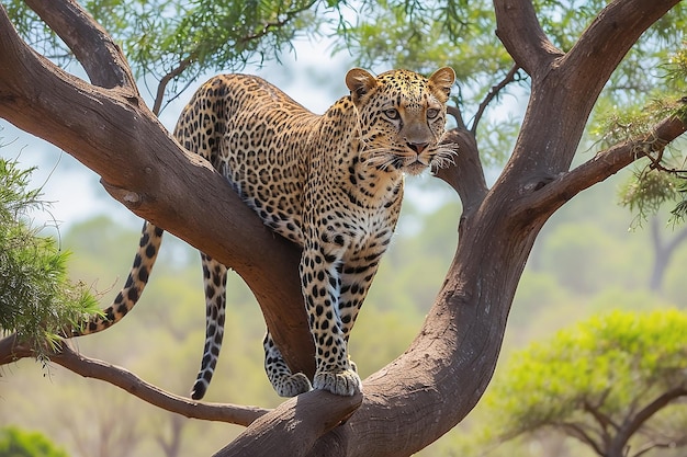 Ein afrikanischer Leopard klettert tagsüber den Baum hinunter