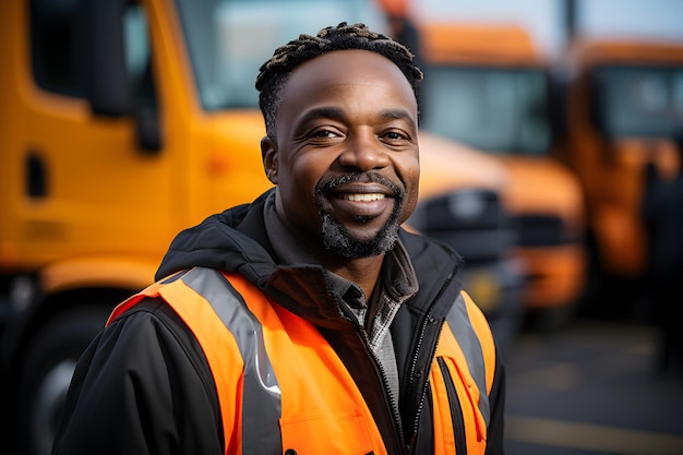 Ein afrikanischer LKW-Fabrikfahrer steht und lächelt, während die Arme gekreuzt werden.