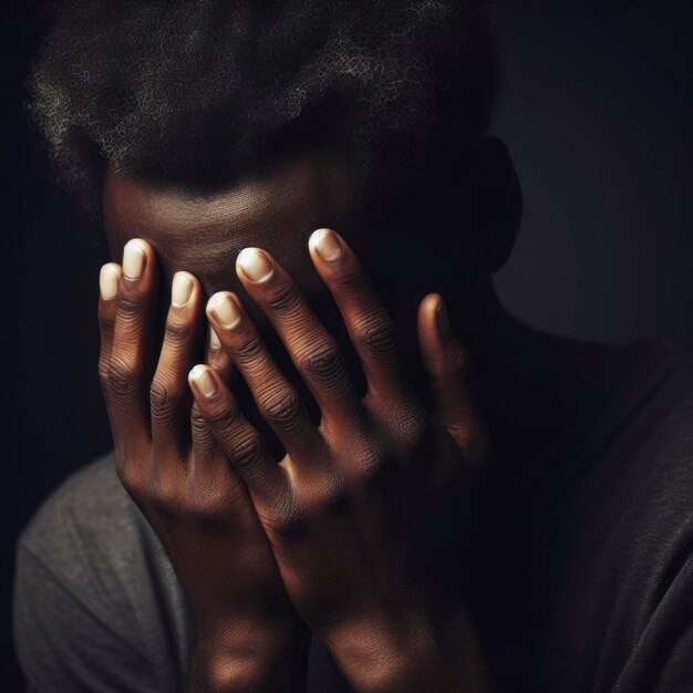 Ein afrikanischer Mann bedeckt sein Gesicht mit seinen Händen Depression Konzept ai generative