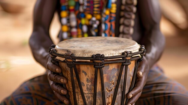 Ein afrikanischer Mann hält eine traditionelle Trommel in den Händen Die Trommel ist aus Holz und hat einen Ziegenfellkopf