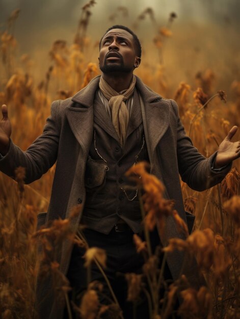 Ein afrikanischer Mann in einer emotionalen, dynamischen Pose auf einem Herbst-Hintergrund