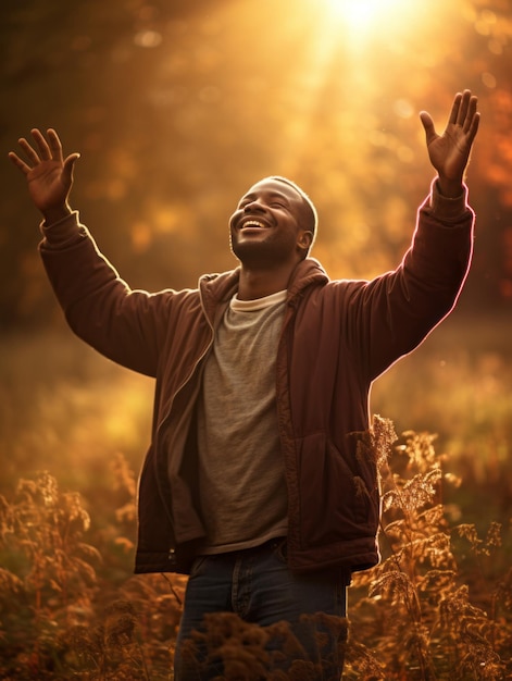 Ein afrikanischer Mann in einer emotionalen, dynamischen Pose auf einem Herbst-Hintergrund