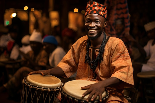 Ein afrikanischer Schlagzeuger, der in farbenfroher Kleidung geschickt spielt