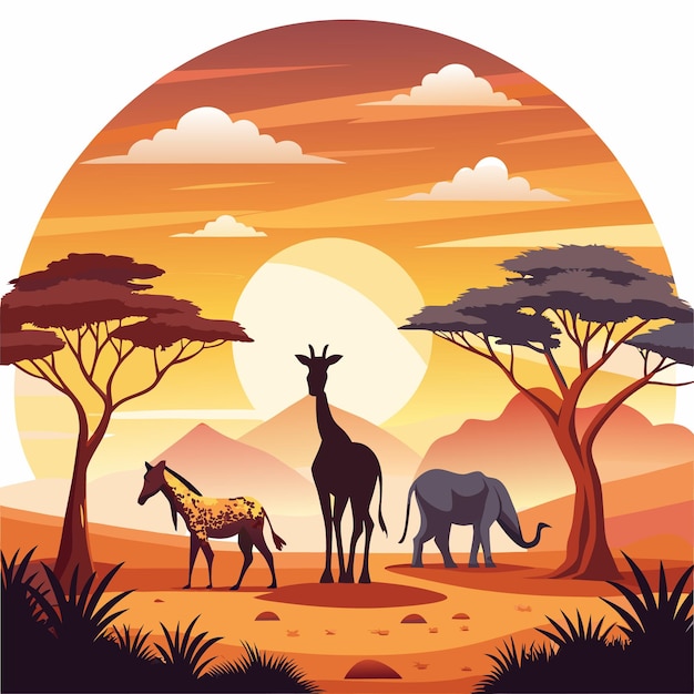 Ein afrikanischer Sonnenuntergang mit Giraffe, Zebra und Elefanten