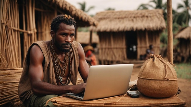 Ein afrikanischer Ureinwohner sitzt in seinem Dorf und arbeitet an einem Laptop