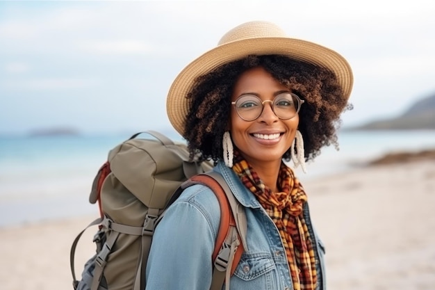 Ein afrikanischer weiblicher Tourist mittleren Alters am Strand mit einem Rucksack, der lächelt und in die Kamera schaut.