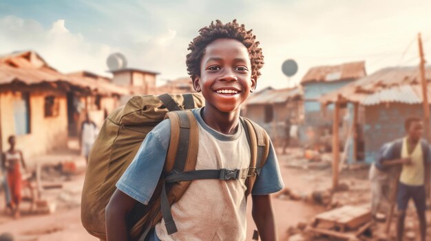 Ein afrikanisches Kind mit Rucksack schaut in die Kamera und geht auf einer staubigen Straße zur Schule.