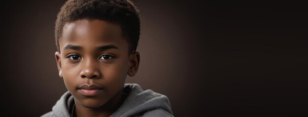 Ein afroamerikanischer Junge, isoliert auf einem dunkelbraunen Hintergrund mit Kopierraum