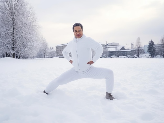 Ein afroamerikanischer Mann genießt den winterlichen schneebedeckten Tag in einer spielerischen, emotionalen, dynamischen Pose.