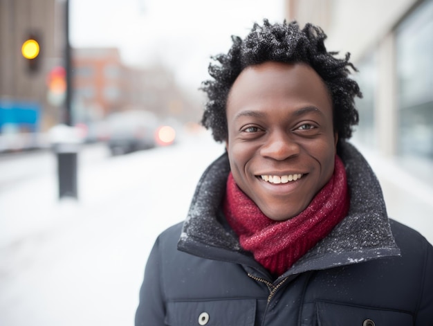 Ein afroamerikanischer Mann genießt den winterlichen schneebedeckten Tag in einer spielerischen, emotionalen, dynamischen Pose.