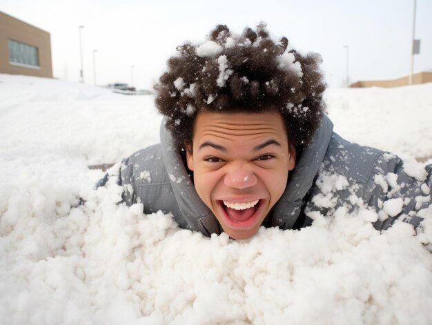 Ein afroamerikanischer Mann genießt den winterlichen schneebedeckten Tag in einer spielerischen, emotionalen, dynamischen Pose.