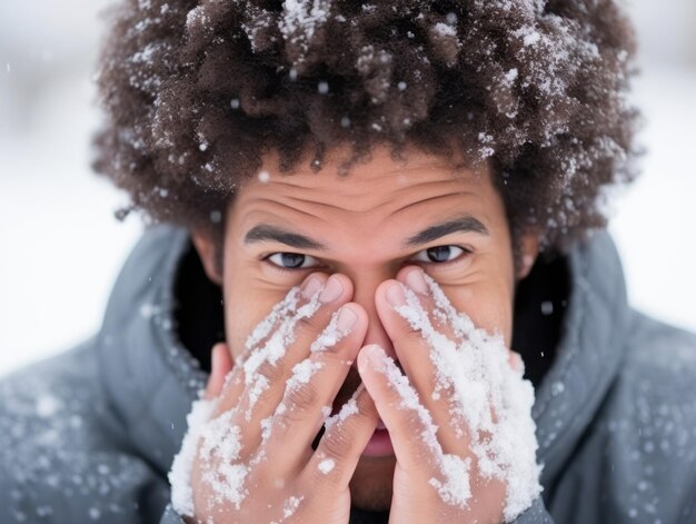 Ein afroamerikanischer Mann genießt den winterlichen schneebedeckten Tag in einer spielerischen, emotionalen, dynamischen Pose.