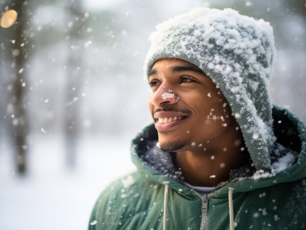 Ein afroamerikanischer Mann genießt den winterlichen schneebedeckten Tag in einer spielerischen, emotionalen, dynamischen Pose.