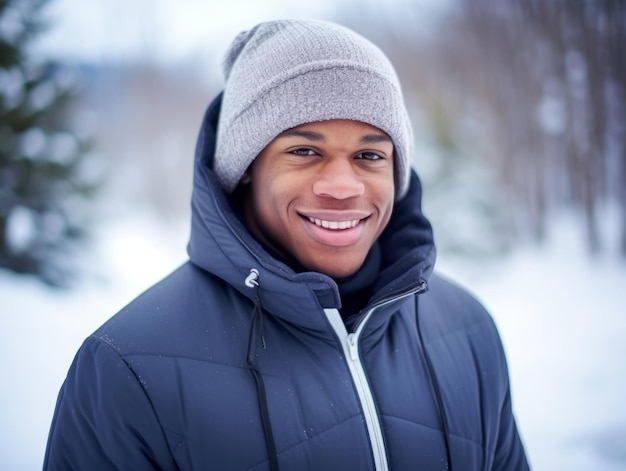 Ein afroamerikanischer Mann genießt den winterlichen schneebedeckten Tag in einer spielerischen, emotionalen, dynamischen Pose.