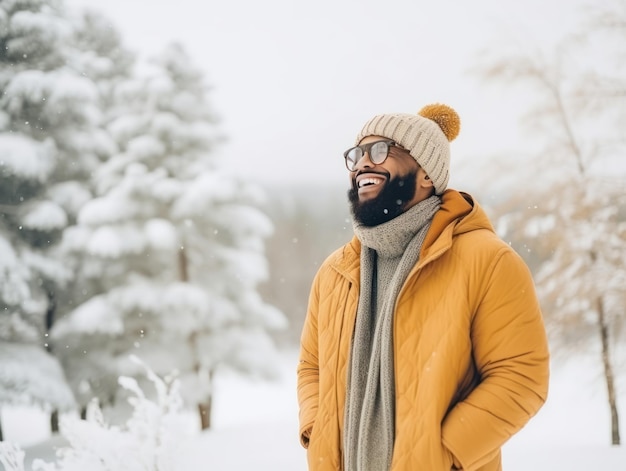 Ein afroamerikanischer Mann genießt den winterlichen schneebedeckten Tag in einer spielerischen, emotionalen, dynamischen Pose.