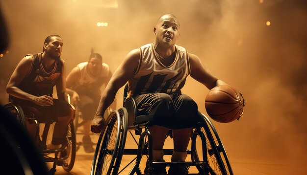 Ein afroamerikanischer Mann im Rollstuhl spielt Basketball