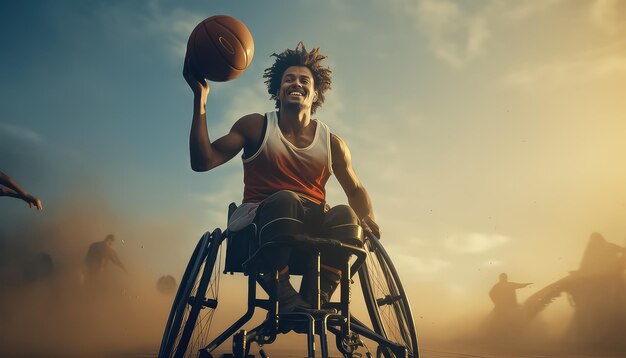 Ein afroamerikanischer Mann im Rollstuhl spielt Basketball