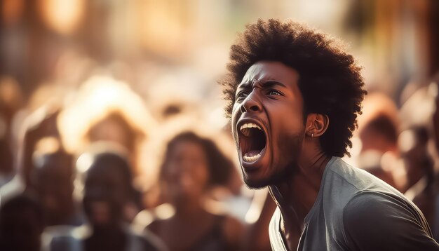 Ein afroamerikanischer Mann in einer Menschenmenge von Demonstranten, die den Monat der schwarzen Geschichte rufen