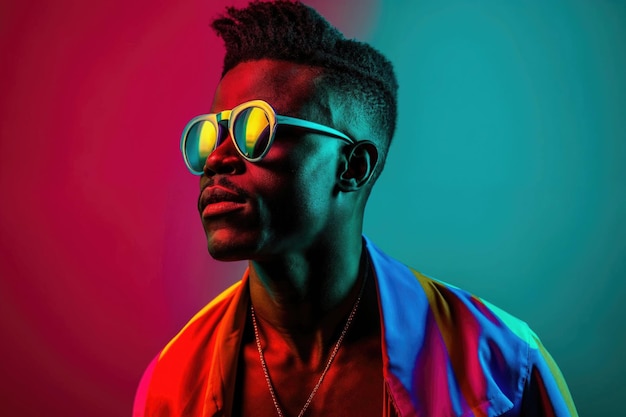 Ein afroamerikanischer Mann mit stilvollen Sonnenbrillen und lebendiger Beleuchtung posiert dramatisch