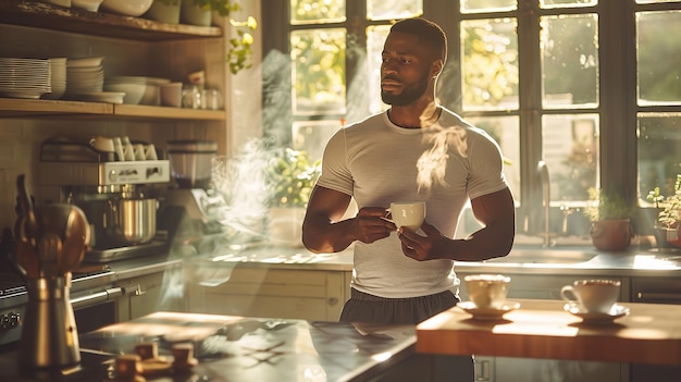 Ein afroamerikanischer Mann trinkt eine Tasse Kaffee in seiner Küche nach dem Training.